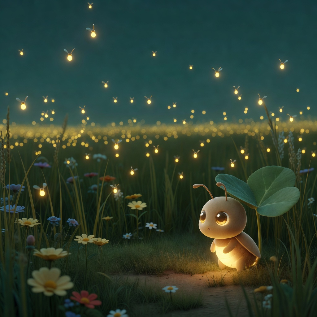 Painted illustration: a dusk meadow filling with hundreds of glowing fireflies, one shy firefly hiding under a clover leaf