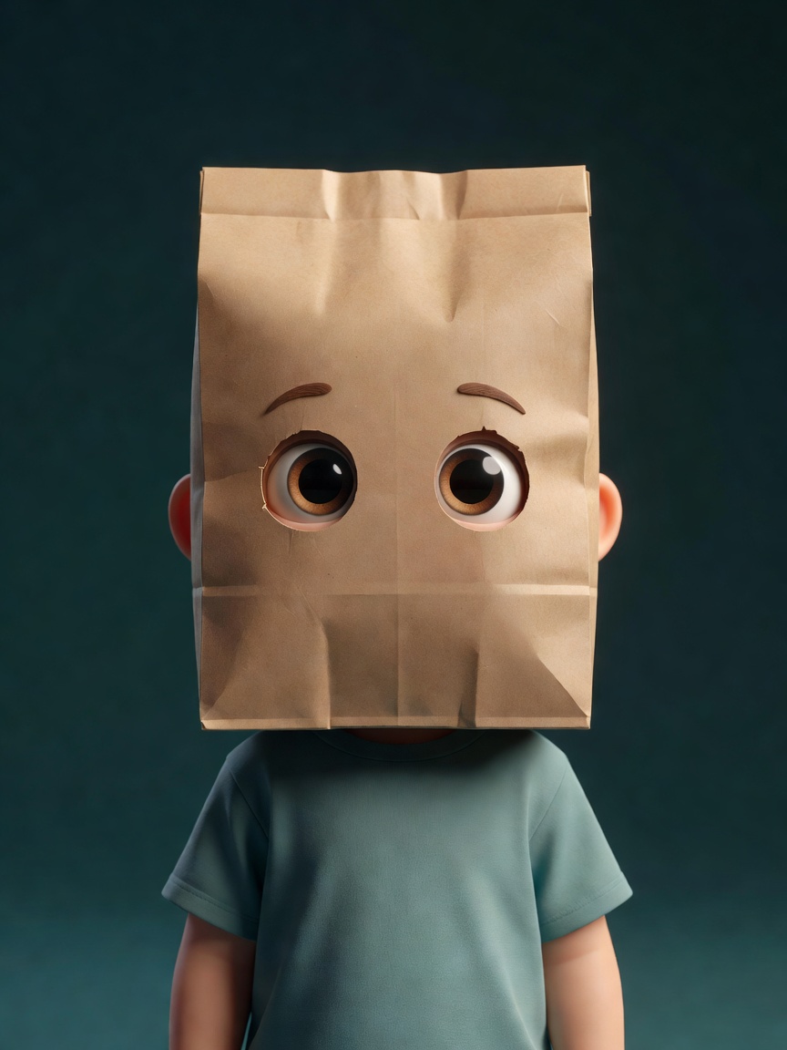 A friendly child character with a paper bag over their head, big cartoon eyes peeking through — no photos needed to be the hero